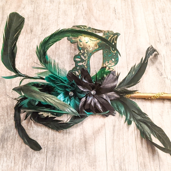 Venetian Cat Eye Ladies Masquerade Ball Mask on a Stick in Dark Emerald Green - Picture 3 of 6
